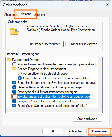 Ordneroptionen des Windows Explorers. Der Reiter "Ansicht", die Box vor "Erweiterungen bei bekannten Dateitypen ausblenden" und der Button "Übernehmen" sind orange umrandet.