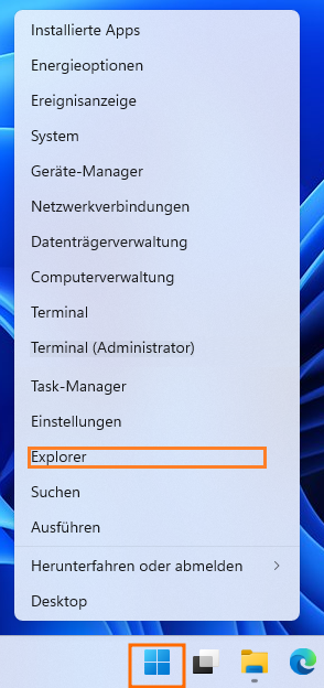 Windows 11 Startmenü. Das Startmenü-Icon und der Menüpunkt "Explorer" sind orange umrandet.