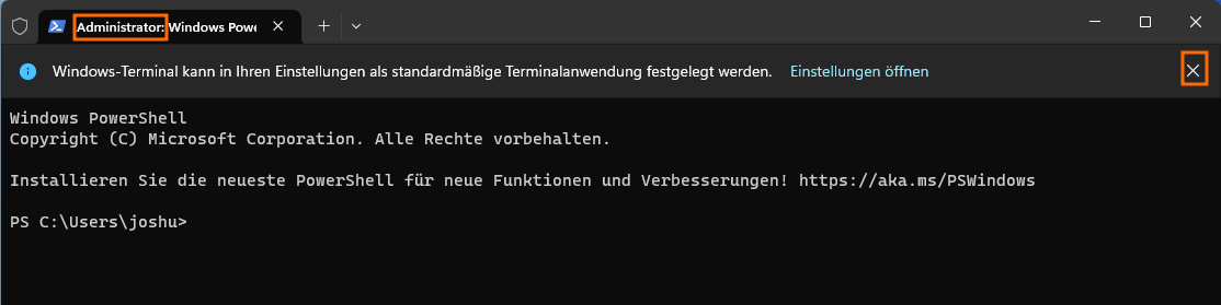Windows-Terminal. Im geöffneten Tab ist das Wort "Administrator" orange umrandet.
