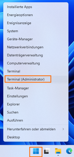 Windows 11 Startmenü. Das Startmenü-Icon und der Menüpunkt "Terminal (Administrator)" sind orange umrandet.