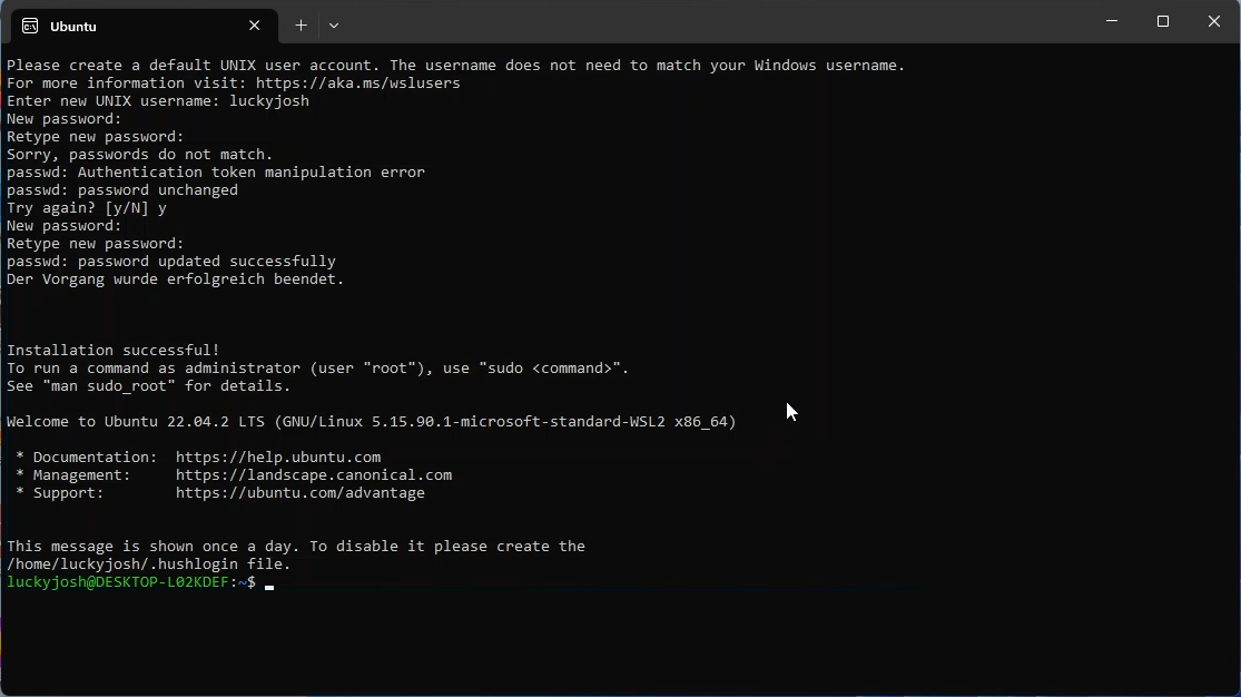 Die Ubuntu Eingabezeile wie sie unter dem WSL im Windows-Terminal dargestellt wird.
