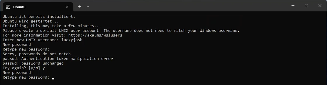 Windows-Terminal, das erneut um die Passworteingabe bittet.